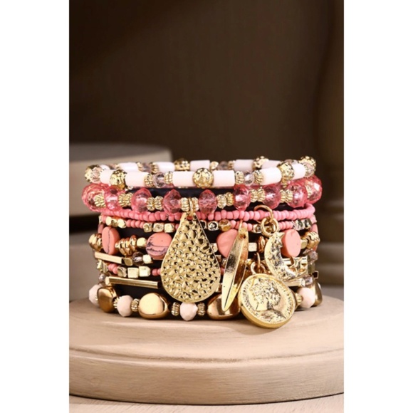 Pink 9-Strand Beaded Boho Stackable Stretch Bracelet Set w/ Gold Charms - Picture 2 of 4